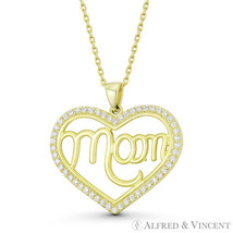 Mom Script Heart CZ Crystal Love Charm Pendant YGP .925 Sterling Silver Necklace - £13.74 GBP+