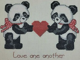 Panda Embroidery Finished Love One Another Teddy Bear Heart Black Red Vtg - $9.95