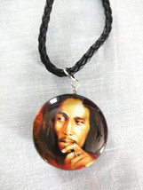 Bob Marley Color Portrait Glass Double Sided Pendant Black Leather 18&quot; Necklace - £8.01 GBP