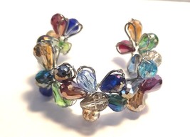 Crystal Beaded BRACELET Aurora Borealis Tear Shape Stones Blue Green Gold - £19.94 GBP