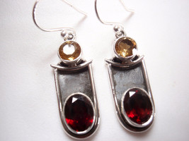 Faceted Garnet and Citrine Oxidized 925 Sterling Silver Dangle Earrings - £17.87 GBP