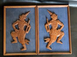Set of 2 MCM Carved Wood Asian Prince Rama Blue Mounted Wall Art 18 x 12... - $197.46