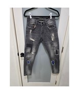 LR Fang Distressed Patch Jeans Gray 30 Slim Tapered Moto Streetwear - $35.00