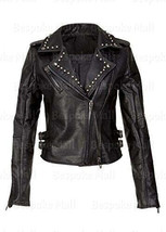 New Handmade Woman Brando Style Silver Studded Cowhide Biker Leather Jacket-372 - £105.37 GBP