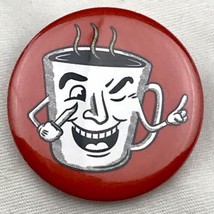 Hot Coffee Face Mug With A Knife Pin Button Art Cartoon Winking Pinback - $9.95