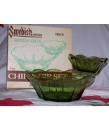 Vintage Anchor Hocking- 2 Tiered- 3 Pc Chip & Dip Set- Avocado Green w/Orig Box  - $12.95