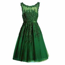Kivary Sheer Bateau Tea Length Short Lace Prom Homecoming Dresses Emerald Green  - £87.57 GBP