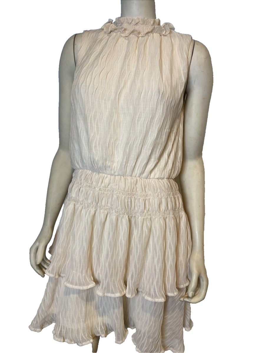 Glam Fabric Harlyn Smock Neck Dress Ecru Sleeveless Lined Tiered Size M,... - $18.99