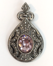 Pink Glass &amp; Marcasite Teardrop Necklace Pendant Silver Tone - £17.98 GBP