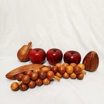 Lot of 8 Vintage Carved Wooden Fruit Décor Red Brown Apples Banana Grapes Pear - £23.83 GBP