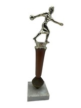 Vintage Women&#39;s Bowling Trophy Metal Wood Mid-Century MCM 12” Marble - £18.88 GBP