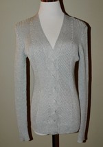 Lauren Ralph Lauren Sz M Womens V-Neck Sweater Silver Cable Knit Long Sl... - £27.24 GBP