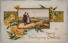 Antique Embossed Postcard Hearty Thanksgiving Greetings Couple &amp; Sunflowers  - £3.97 GBP