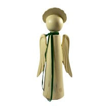 Vintage Hand Crafted Painted Wooden Angel Figurine Green Bow Sculpture Decor - £18.24 GBP