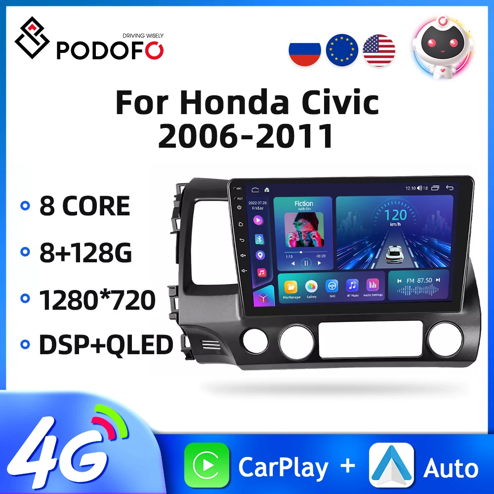Podofo 8+128G Car Stereo For Honda Civic 2006-2011 Car Multimedia Player Carplay - $131.74 - $379.39