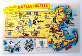 Greetings From Massachusetts Map Chrome Postcard Lobster Fishing Boats Bird Flag - £5.54 GBP