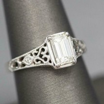 Filigree Engagement Ring 2.15Ct Emerald Cut Diamond Solid 14K White Gold Size 6 - £199.24 GBP