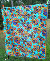 SWELL 1960&#39;s MoD Psychedelic Aqua, Pink &amp; Orange Colorful Lap Quilt 39 x 45 - £38.69 GBP
