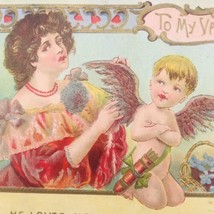 Vintage 1910 Embossed To My Valentine Woman w/ Cherub Angel Postcard - £11.18 GBP
