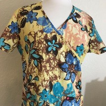 Actual Womens Scrub Top Size XS Yellow Blue Floral Pockets Cinch Tie in ... - £9.32 GBP