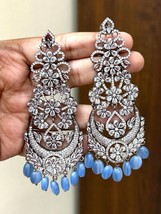 925 Silver Plated Indian Bollywood Style CZ Long Earrings Blue Jewelry Set - £61.26 GBP