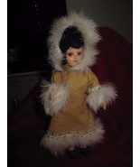 VINTAGE HARD PLASTIC ESKIMO DOLL WITH MATERIAL FUR TIMMED COAT - £6.84 GBP
