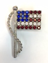 Sparkling American Flag Red White &amp; Blue Rhinestone Pin Silver Tone Brooch USA - £9.59 GBP