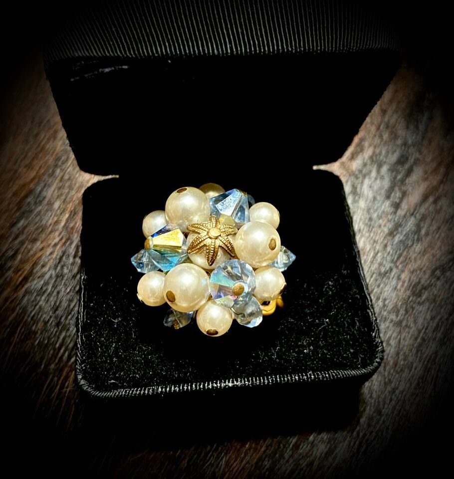 "Reinvented Vintage" Blue Crystal/Pearl Ring created from single clip on earring - $15.00