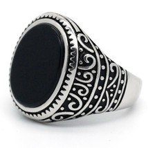Black Men&#39;s Ring with Agate 925 Sterling Silver Oval Natural Flat Stone Ring Vin - £40.81 GBP