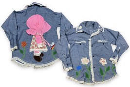 Vtg Pink Holly Hobbie Embroidered Chambray Button Down Shirt w/Lace Girl’s - £17.80 GBP