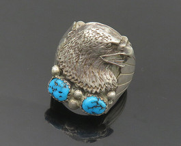 NAVAJO 925 Silver - Vintage Turquoise Eagle Head Band Ring Sz 10.5 - RG18324 - £301.54 GBP