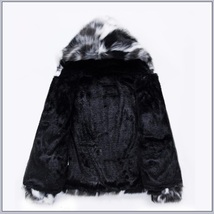 Natural Marbled Black and White Rabbit Faux Fur Front Zip Hooded Coat Jacket image 3