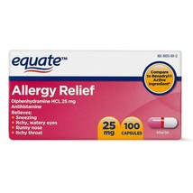 Equate Allergy Relief Diphenhydramine Capsules 25mg, 100 Ct..+ - £11.07 GBP