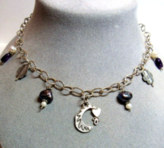 Sterling Silver Moon Heart Flowers Charms 18&quot; Necklace Amethyst Pearl MS... - $39.60