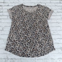 T Shirt Womens Large Beige Brown Black Animal Print Cuff Short Sleeve Pocket Tee - £12.65 GBP