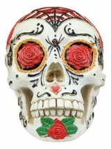 White Sunflower Floral Day of the Dead Sugar Skull With Eyes Of Red Roses Statue - £22.44 GBP