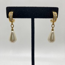 Vintage Gold Tone Open Hoop Stud Earrings Teardrop Faux Pearl Drop Rhinestones - £11.66 GBP
