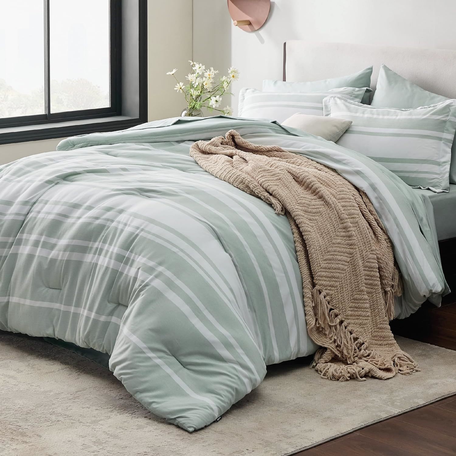 Bed In A Bag Full Size 7 Pieces, Sage Green White Striped Bedding Comforter Sets - £92.43 GBP