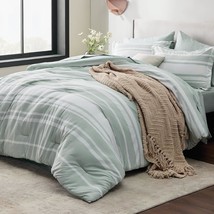 Bed In A Bag Full Size 7 Pieces, Sage Green White Striped Bedding Comfor... - $116.99