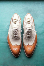 Men&#39;s handmade cognac and cream leather wingtip shoes.Two tone leather shoes - £142.75 GBP