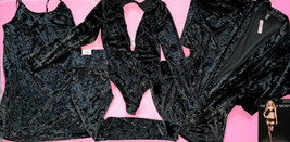 Victoria&#39;s Secret XS/S Teddy+Slip+Kimono+Leggings Crushed Velvet Velour Black - £173.46 GBP