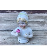 ANTIQUE VTG PORCELAIN PIN CUSHION GERMANY HALF DOLL w PURPLE FLOWER - £22.28 GBP