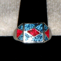 Vintage Red Coral and Turquoise inlay Mounted in a Copper  Ring  Size 8 ... - £11.74 GBP