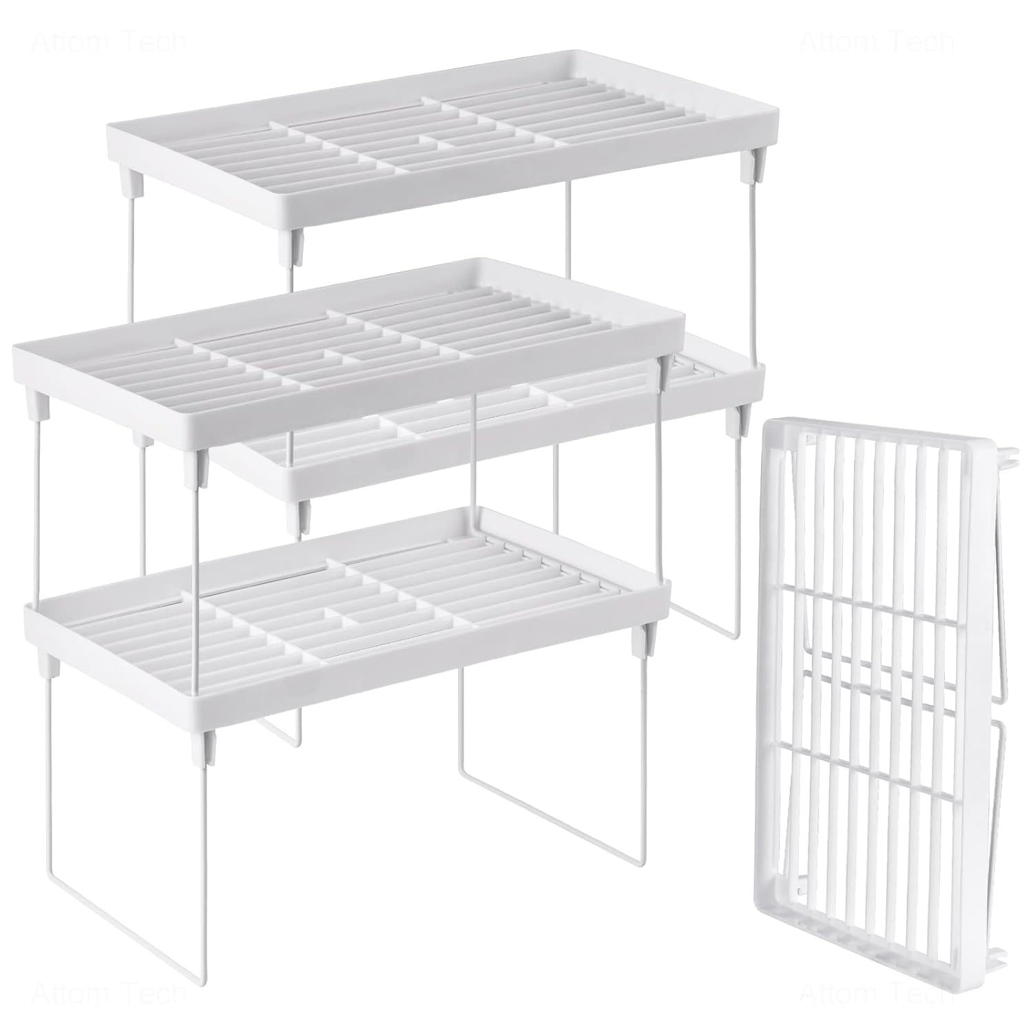 4-Pack Stackable Plastic Kitchen Storage Shelf Foldable Rack - White Kitchen Cab