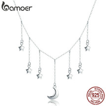 Real 925 Silver Star Chain Sparkling Moon Starry Pendant Necklaces for Women Sil - £19.45 GBP