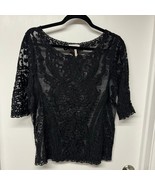 Laundry by Shelli Segal Sheer Black Mesh Lace Short Sleeve Top Scallop H... - £22.08 GBP