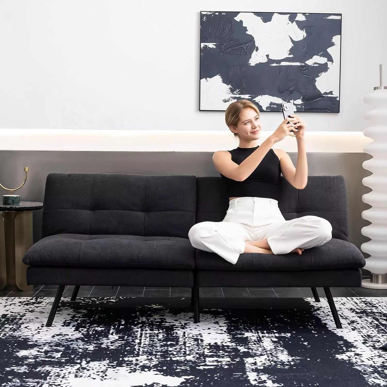 Black Memory Foam Fabric Futon Sleeper Sofa Bed: Modern Recliner Couch - $397.33 CAD