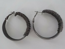 Hoop Earrings Gunmetal Grey Tight Twisted Metal Rope Fashion Jewelry Leverback - £5.97 GBP