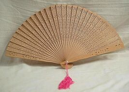 Wooden Asian Oriental Japanese Fan Hand Carved Wood Pink Tassel Original... - $21.77