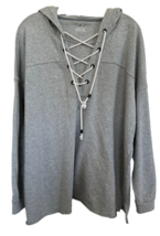 Aerie Women&#39;s Oversized Hooded Sweatshirt 100% Cotton V-Neck Lace Up Size S Gray - £19.73 GBP